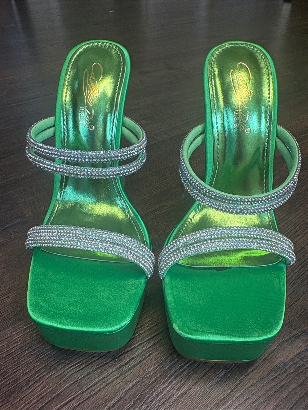 Cathy Din Womens Green Platform Square Toe Slip On Rhinestone Straps 7.5